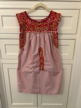 Mi Golondrina Red & Olive Green Embroidered Bodice Dress